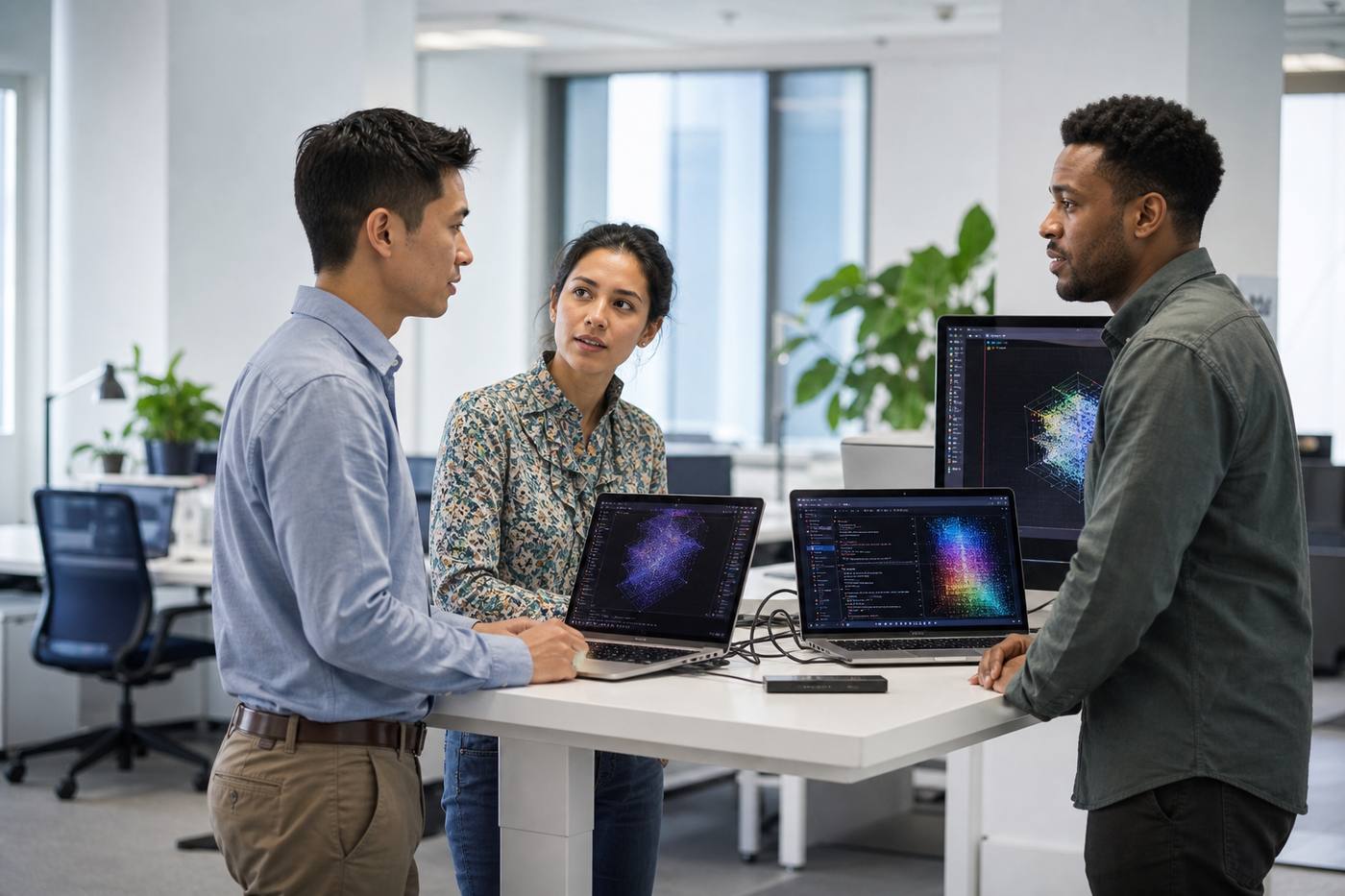 AI and software engineers collaborating around a standing desk