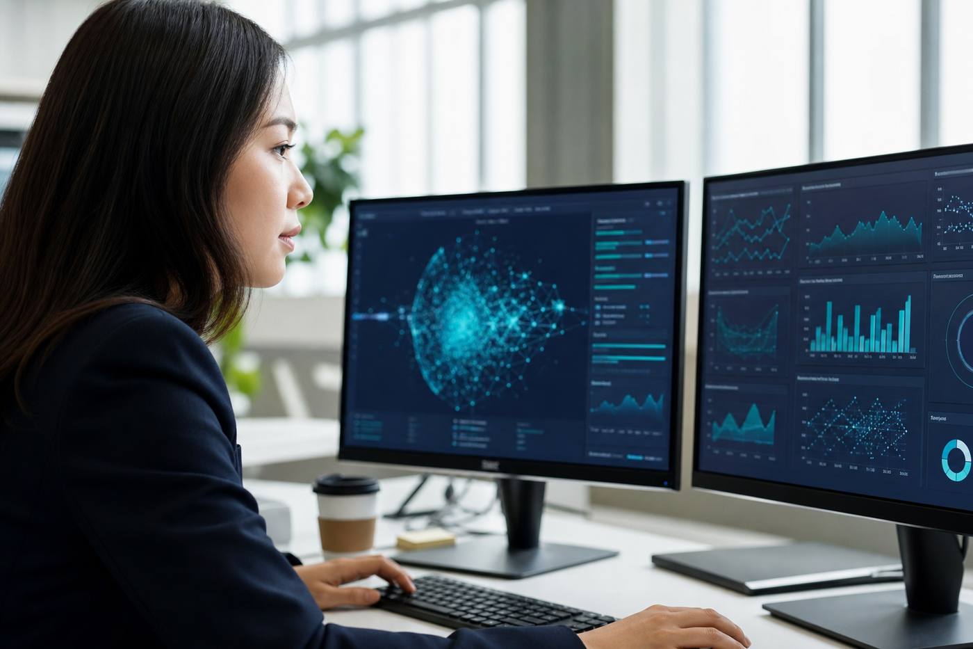 AI engineer reviewing model dashboards on a dual-monitor workstation