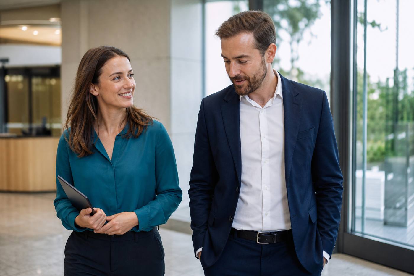 Professionals walking through a bright corporate lobby